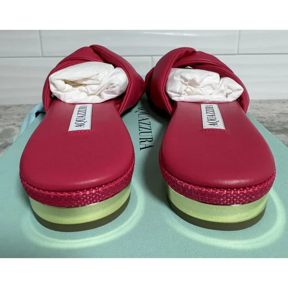 New Aquazzura Olie Pink Soft Leather Raffia Flat Slide on Sandals Size 35 - Picture 9 of 12